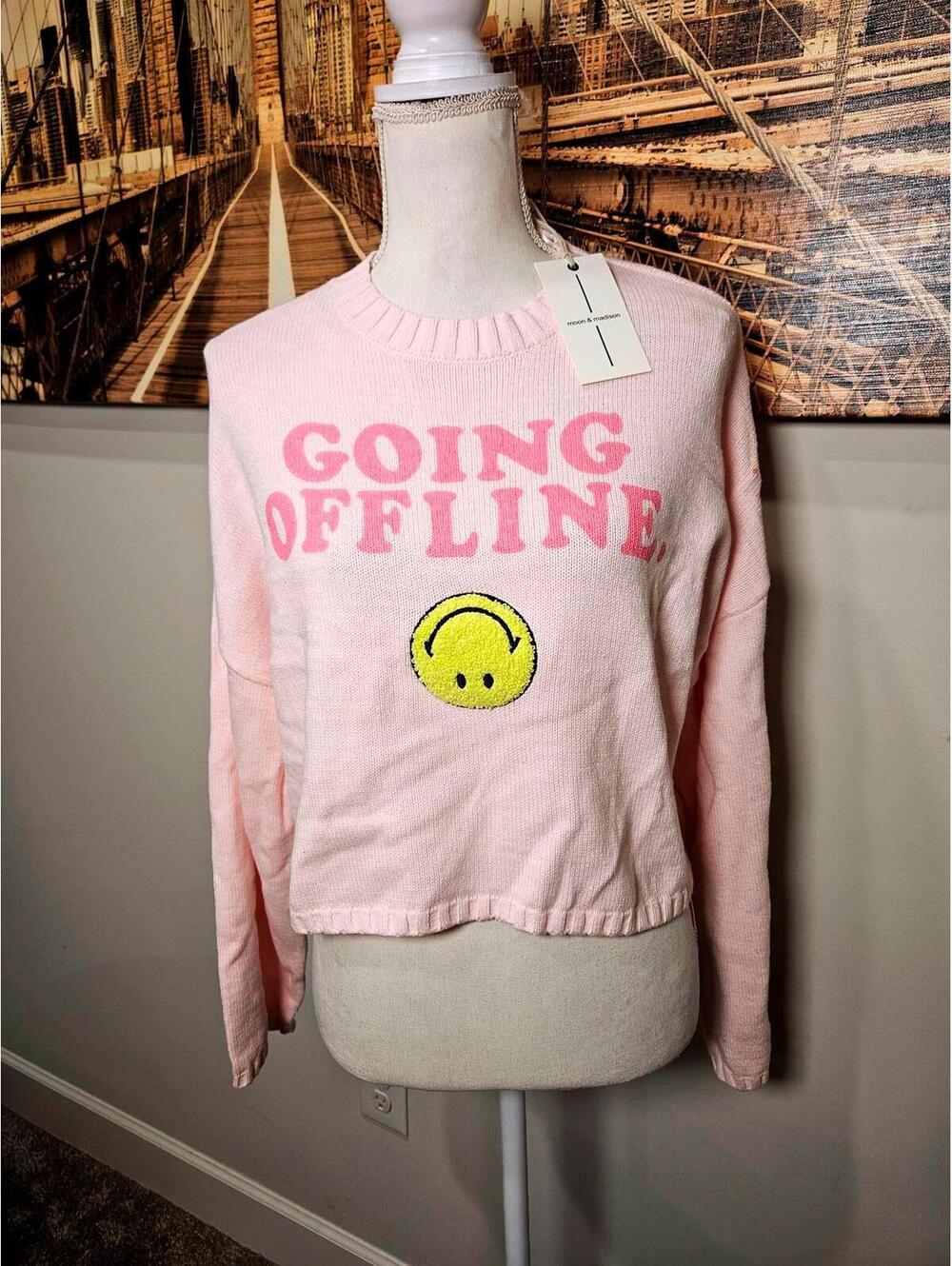 Moon & Madison Pink 'Going Offline' Sweater with Smiley Face-M
